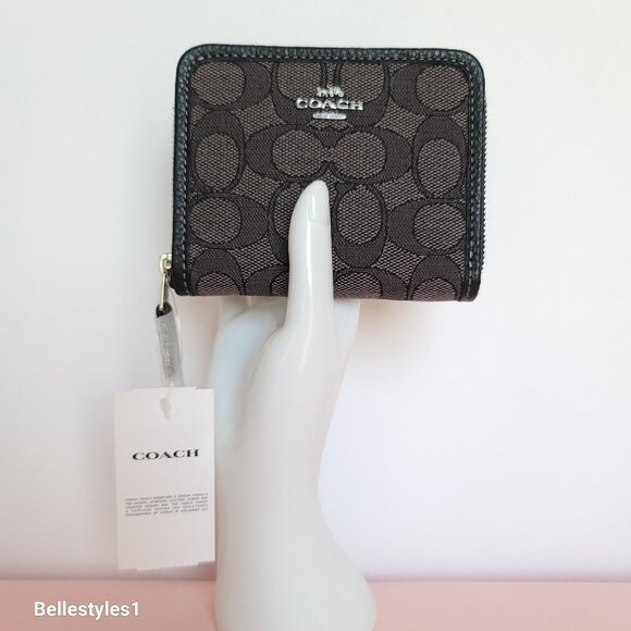 COACH Small Zip Around Wallet  With ID Window In Signature Jacquard -Black SB⭐ - Picture 14 of 16